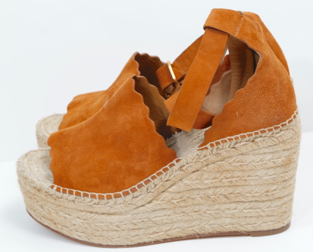 Chloe Lauren Scalloped Suede Espadrille Wedge Sandals 38 Tan Chestnut Platforms